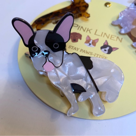 New Pink Linen Puppy Dog Hair Clips Dacshund Corgi & Frenchie - Picture 2 of 4